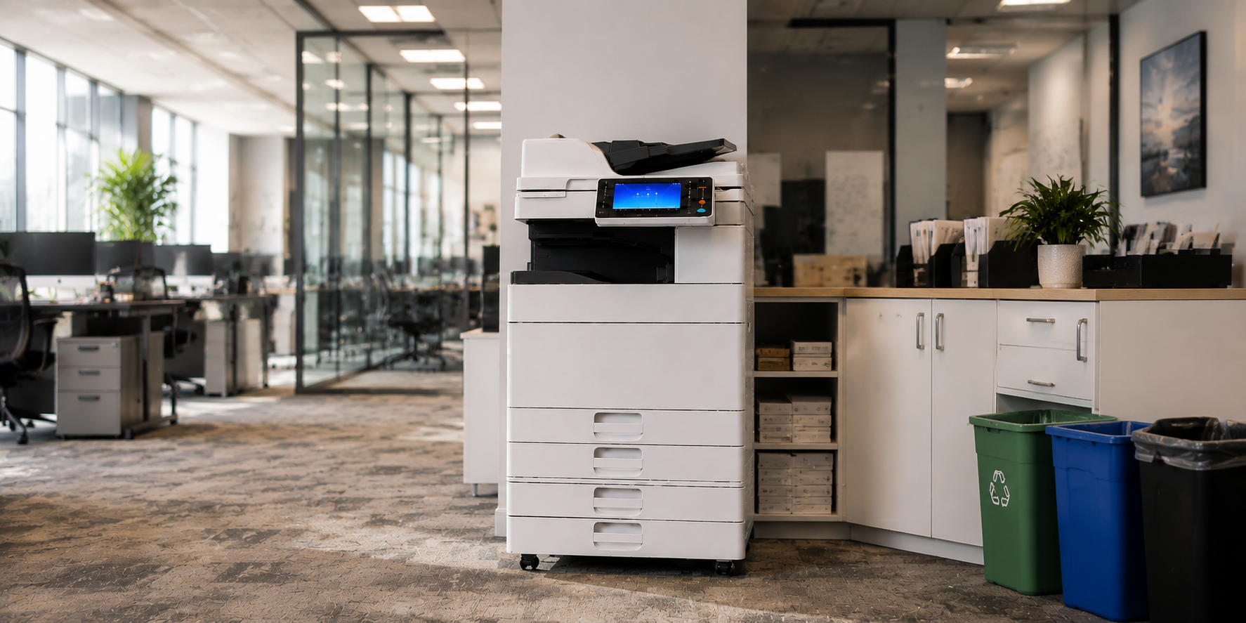 Floor standing copier in a modern open office