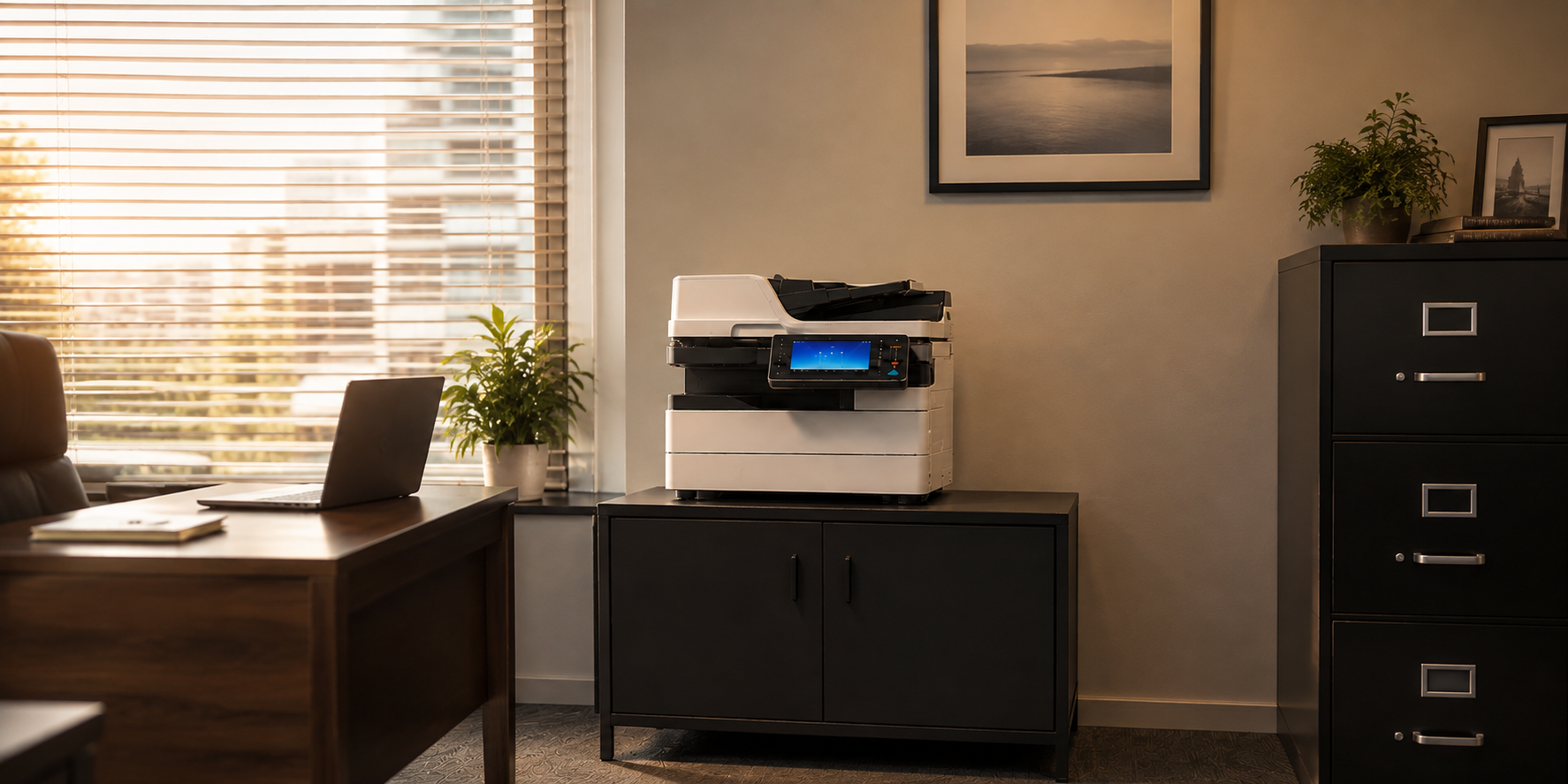 Desktop copier in an executive office at sunset