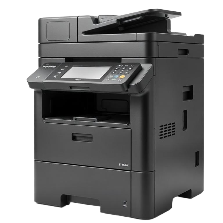 Office printer next to a full-size multifunction copier for capability comparison